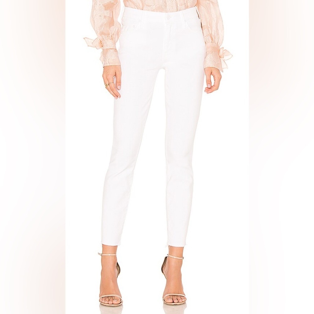 MOTHER‎ Looker Ankle Fray White Jeans Skinny Raw Hem Size 28